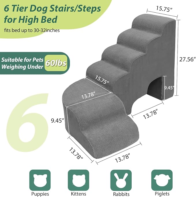 Dog Stairs for High Bed 28-32 Inches Tall, 6 Tier Non-Slip Pet Stairs Adjust to Left Side of Bed, Dog Steps for Small Dogs, Old Pets, and Injured Dogs, Gray