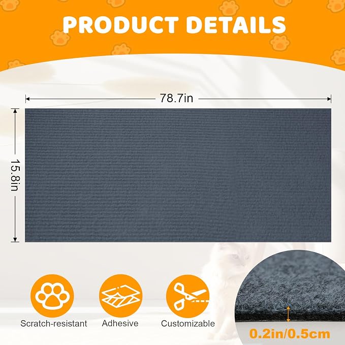 Cat Scratching Mat Self-Adhesive, 78.7'' x 15.8'', Trimmable Cat Scratch Pads Furniture Protector, DIY Climbing Cats Scratching Carpet for Couch, Door Frame or Wall Corner Protector (Light Gray)