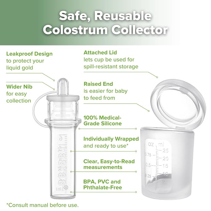 haakaa Silicone Colostrum Collector (0.2oz./6ml,6pcs) & Lidded Cup (0.75oz./25ml) Pack - Collect, Store & Feed Colostrum Ready-to-Use Pack, Reusable Colostrum Syringes Set for Liquid Gold