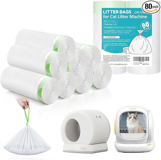 80 Count 18" x 12.6" Cat Litter Box Liners, Compatible with Meo Want MW-SC01/SC02/SC09/ SC01-Y, Thick Heavy Duty Drawstring Cat Litter Bags, Replaced Trash Bags for Self-Cleaning Cat Litter Box