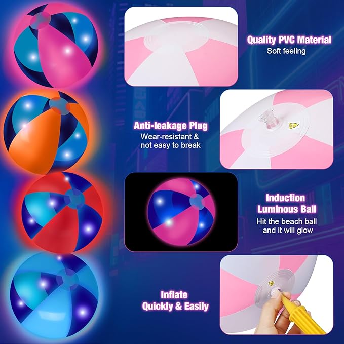 MiniInflat 4 Pcs Light up Beach Balls 16'' Jumbo Pool LED Balls Glow in the Dark Neon Giant Inflatable for Summer Hawaiian Tropical Theme Beach Party Decor Water Accessory (Colorful)