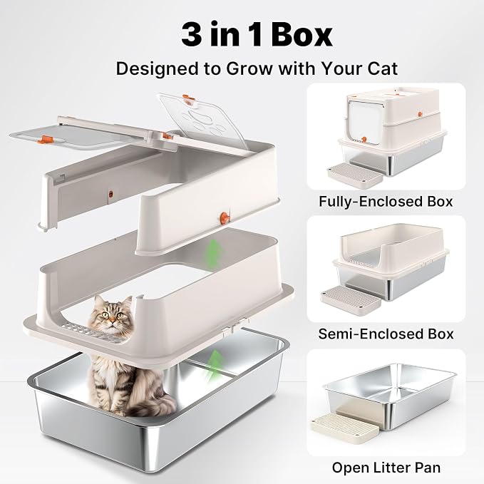 Stainless Steel Litter Box with Flip Lid, XL Extra Large Cat Litter Box with High Sided Top Entry Design, Anti-Leakage Enclosed Metal Litterbox for Big Cats, with Handle, Mat, Pedal & Scoop, Beige