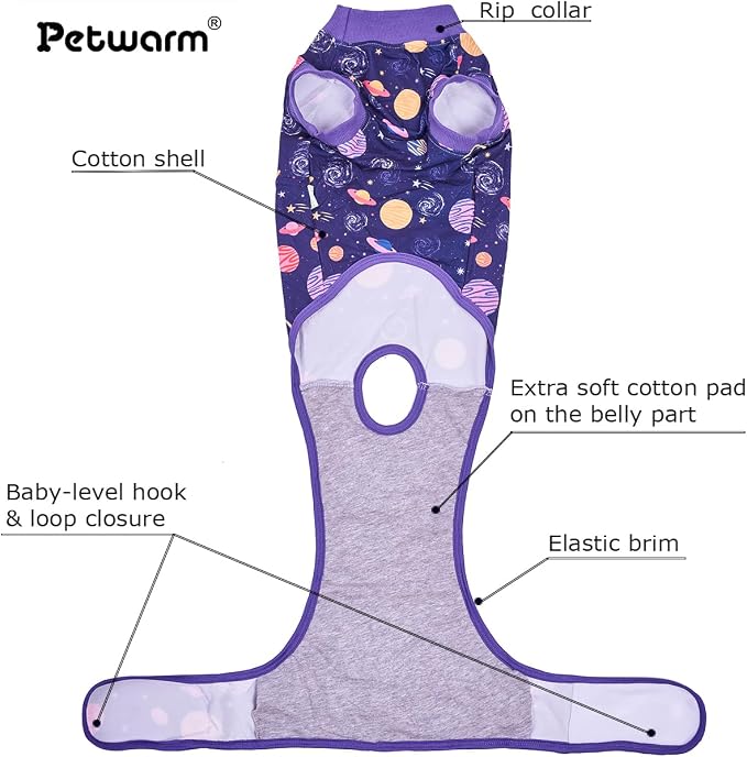 PetWarm Dog Surgery Suit, Cone of Shame Alternatives Dog Bodysuit for Abdominal Affected Areas Sensitive Skin Areas Anti-Licking Onesie for Dogs After Surgery, Galaxy Pattern, Purple, L