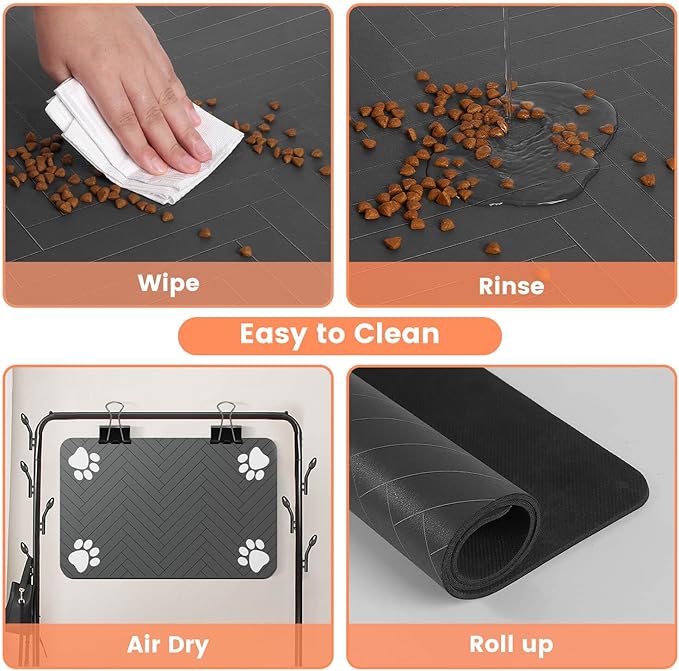 Pet Feeding Mat-Absorbent Pet Placemat for Food and Water Bowl, with Waterproof Rubber Backing, Quick Dry Water Dispenser Mat for Dog and Cat (20"x12", Black)