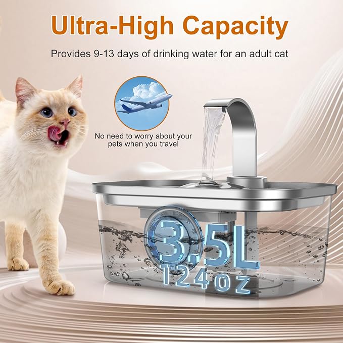 Bobo&Dragon Automatic Stainless Steel Water Fountain for Cat & Dog in Amber Orange 124oz/3.5L Quiet Faucet Flow Water Dispenser, Fresh Filtered Hydration, Easy Clean, Leak-Proof for Indoor Pets