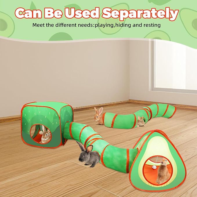 YUEPET Rabbit Tunnel and Cube Collapsible Tent Bunny Interactive Crinkle Tunnel Toys Small Animal Hideout with Play Ball for Dwarf Rabbit Bunny Guinea Pig (Avocado)