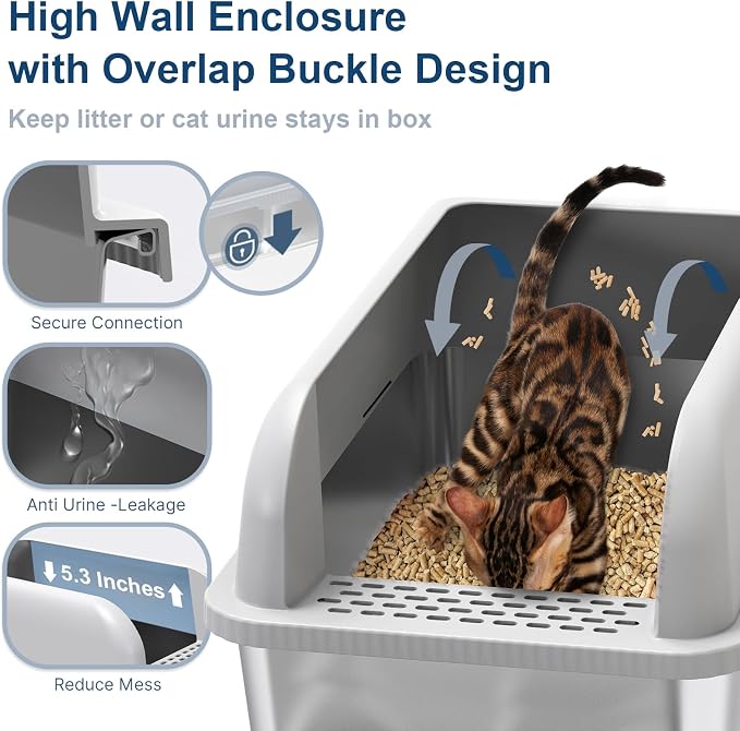 8" Deep Stainless Steel Sifting Litter Box for Pine Pellets, XL Stainless Steel Litter Box with Lid, Removable & Anti-Leakage, High Sides Metal Cat Litter Boxes for Big Cat, Non-Sticky, Easy Cleaning
