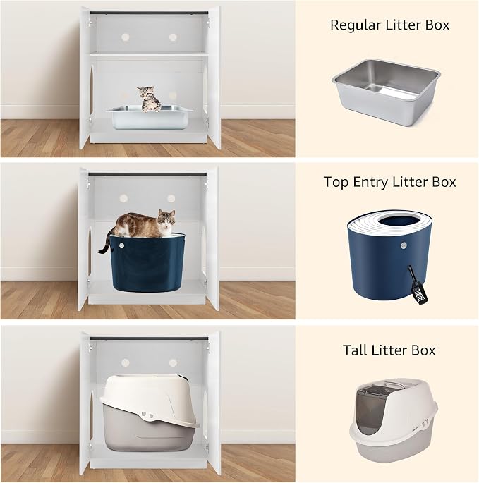 unipaws Tall Cat Litter Box Enclosure with Shelves, Hidden Litter Box Cover for Tall or Top Entry Litter Box, Kitty Enclosed Litter Box Cabinet, Cat Box Furniture，White