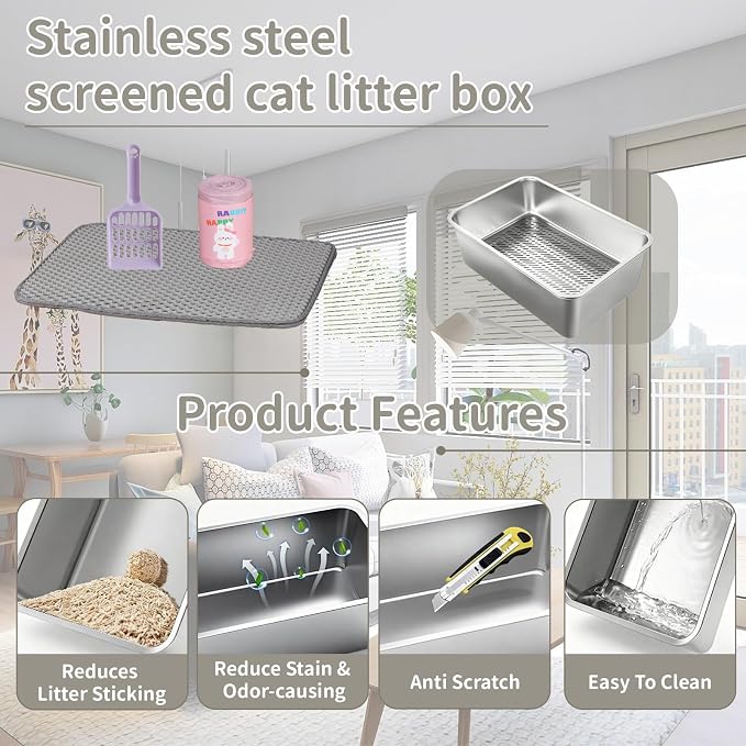 XL Stainless Steel Cat Sifting Litter Box 23.6“x15.7"x6" - Metal High Sided Open Top Litterbox Odor Control Non-Clumping with Scoop Litter Mat Trash Bag, Anti-Leakage, Less Tracking, Easy Cleaning
