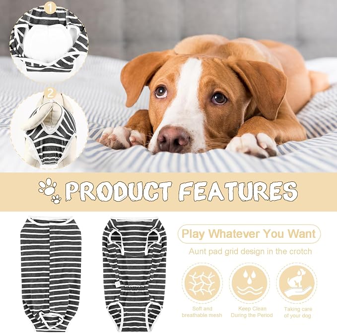 Etdane Dog Diapers Sanitary Panties Physiological Period Shirts Surgical Recovery Suits for Male and Female Dogs (Medium, Gray White Stripe)