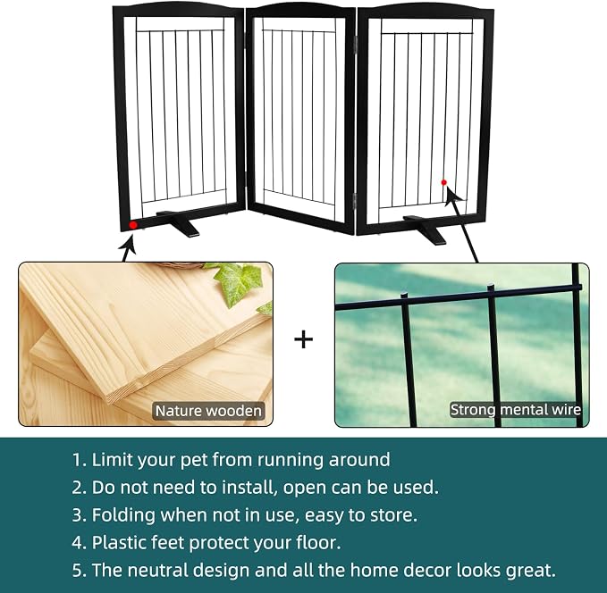 ZJSF Freestanding Dog Fence Indoor, Foldable Dog Gate for Doorways, Stairs or Hallways, Sturdy Wood Extra Wide Pet Gate with Support Feet for The House, Black, 32 "Height-3 Panels