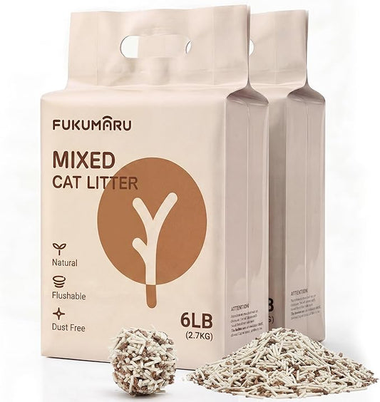 FUKUMARU Tofu Cat Litter, 12 LBS Clumping Cat Litter, Dust Free, Natural, Unscented, Flushable, Lightweight, Low Tracking, Mixed Apple Wood, 24/7 Odor Control, 6 lb x 2 Bags