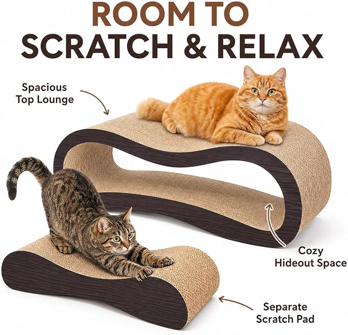 Simple Delxue 2 in 1 Large Cardboard Cat Scratcher Lounger，Cat Scratching Board for Indoor Cats,100% Recyclable&Reversible Horizontal Scratching Pads Prevents Furniture Damage,Brown