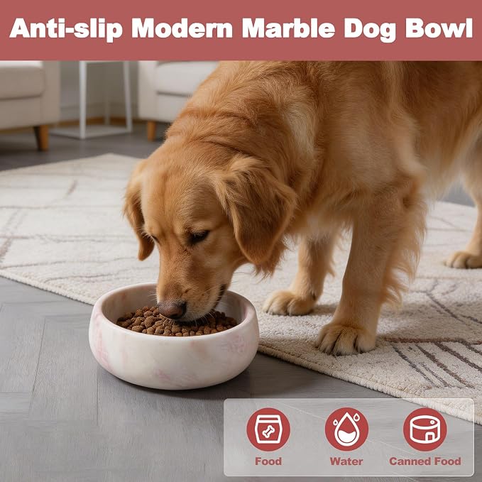 Karibiber Marble Dog Bowl, 5lbs Weighted Dog Food Bowl, Non-Slip Large Heavy Water Bowls, Cute Pink Stone Food and Water Dish for Medium Dogs, Natural Marble, Easy to Clean, Holds 4 Cups