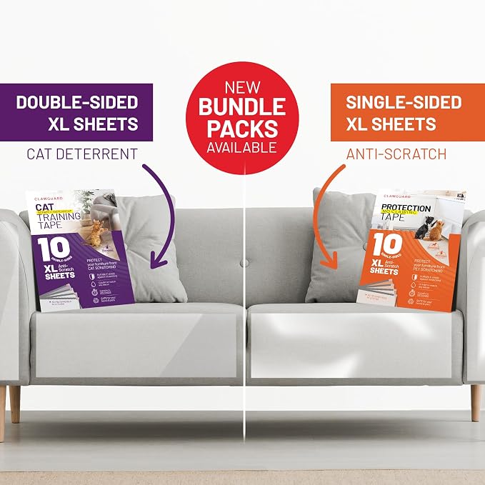 CLAWGUARD Bundle Pack – Cat Deterrent Tape & Dog Protection Tape – 20 Total Sheets (10 Double & 10 Single-Sided) – Anti Scratch Furniture Protector