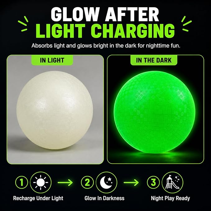 Hiboom Glow in The Dark Kickballs Dodgeballs, 8.5"/ 10"/ 6" Light up 4 Square Ball with Pump, No Battery Needed Playground Balls for Backyard School and Outdoor Night Activities