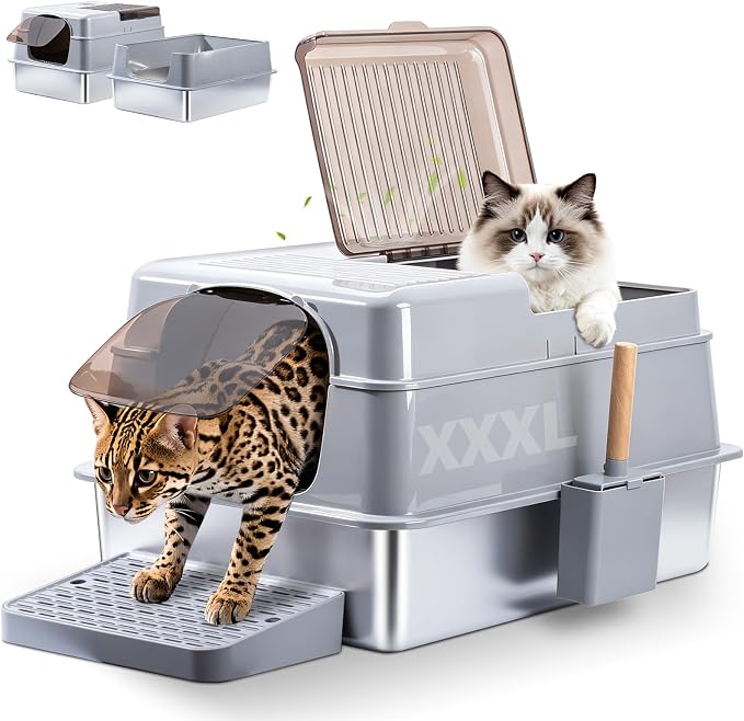 Enclosed Stainless Steel Cat Litter Box with Lid, XXXL Metal Litter Box with Collection Tray & Scoop, Odor-Free/Anti-Leakage & Non-Stick/Easy Clean, High-Sided Litter Box for Multiple Big Cats