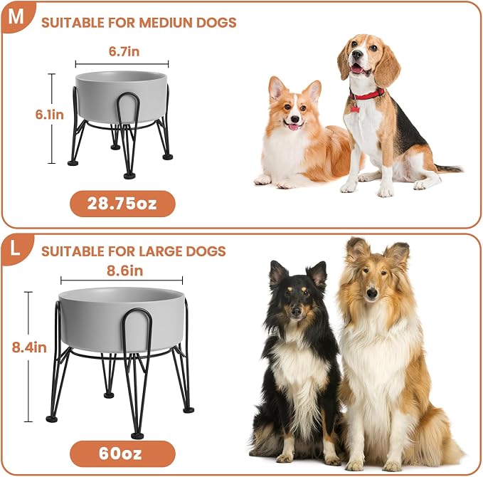 Elevated Dog Bowls, Ceramic Raised Dog Bowl Set with Anti-Slip and Non-Tip Metal Stand, 2 Pack Pet Food and Water Feeding Bowls for Small and Medium Dogs (Gray,7.6 Cups)