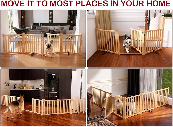 Dog Gate Indoor, 23" H Wooden Freestanding Puppy Gate, No-Painted Foldable Dog Barrier with Door Walk Through, Portable Fence for Stair, Doorway- 3 Panels