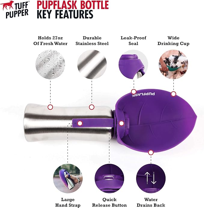 Tuff Pupper Retractable Dog Leash and 27oz Pupflask Portable Water Bottle - Violet
