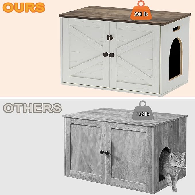 Timberer Cat Litter Box Enclosure, Litter Box Furniture Hidden with Removable Divider, Wooden Cat Washroom Furniture, Indoor Cat House, Rustic Brown and White