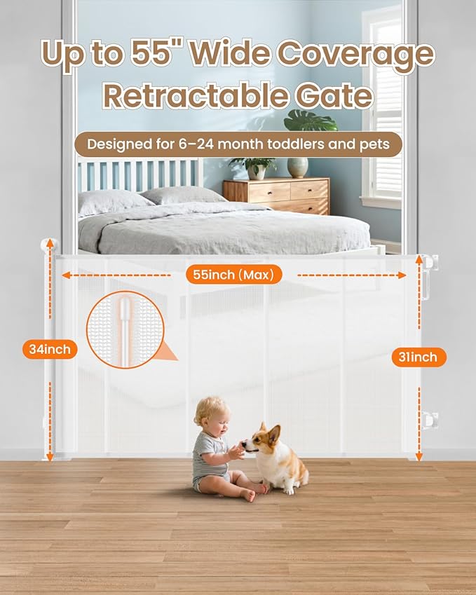 Retractable Baby Gate, 55" Wide Reinforced Mesh Baby Gate with 4 Fiberglass Support Rods for a Tighter Fit, 34" Tall Retractable Dog Gate for Stairways, Hallways and Doorways, White