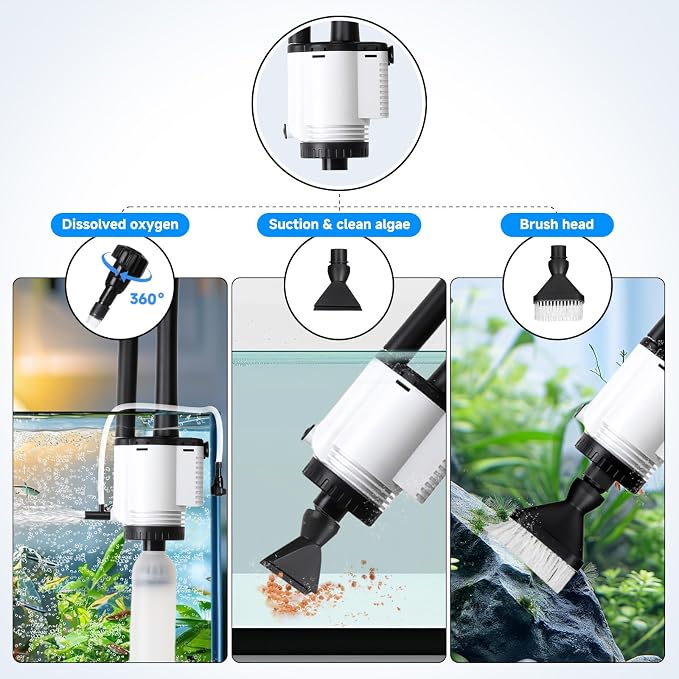 AQQA Electric Aquarium Gravel Cleaner, 8-in-1 Fish Tank Vacuum, Water Changer Sand Washer Algae Brush Turtle Shower Filter, Automatic Cleaning Kit for Freshwater Saltwater, 30W/480GPH