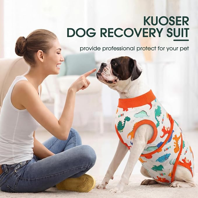 Kuoser Dog Surgery Recovery Suit, Soft Breathable Dog Recovery Suit for Female Spay Male Nueuter, Anti Licking Puppy Onesie Pet Surgical Suit for Dogs Abdominal Wounds Skin Disease, Dinosaur S