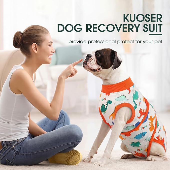 Kuoser Dog Surgery Recovery Suit, Soft Breathable Dog Recovery Suit for Female Spay Male Nueuter, Anti Licking Puppy Onesie Pet Surgical Suit for Dogs Abdominal Wounds Skin Disease, Dinosaur L