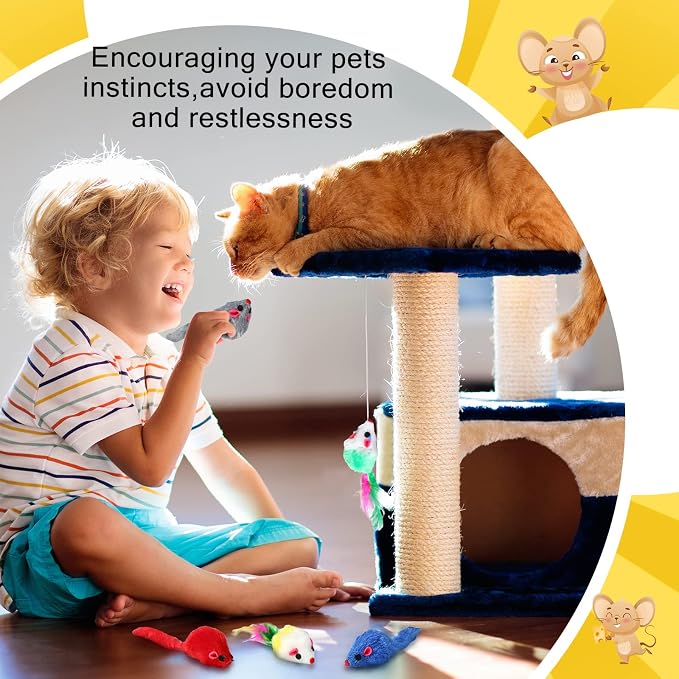 Syhood 120 Pcs Fur Mice Cat Toys Bulk for Indoor Cats Catnip Mouse Toys with Rattle Sound Rattle Mice Pets Kitten Interactive Play Assorted Color