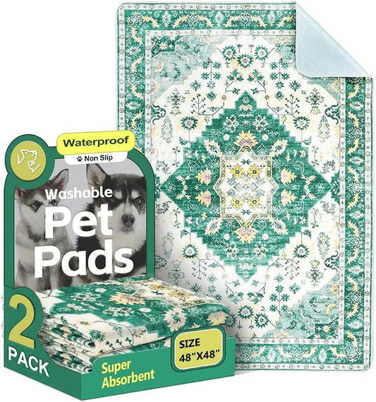 Washable Pee Pads for Dogs 2 Pack Reusable Puppy Training Pads 48"x48" Super Absorbent Waterproof Dog Training Pads, Non-Slip Potty Pads Whelping Pads Litter Mat Pet Supplies - Green Medallion