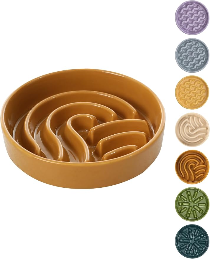 Ceramic Slow Feeder Dog Bowl, Maze Puzzle Non-Slip Silicone Base Stoneware Bowl for Small Medium Dogs, Heavy Duty Anti-Bloat Dog Food Bowl Dishwasher Safe – Orange, Small