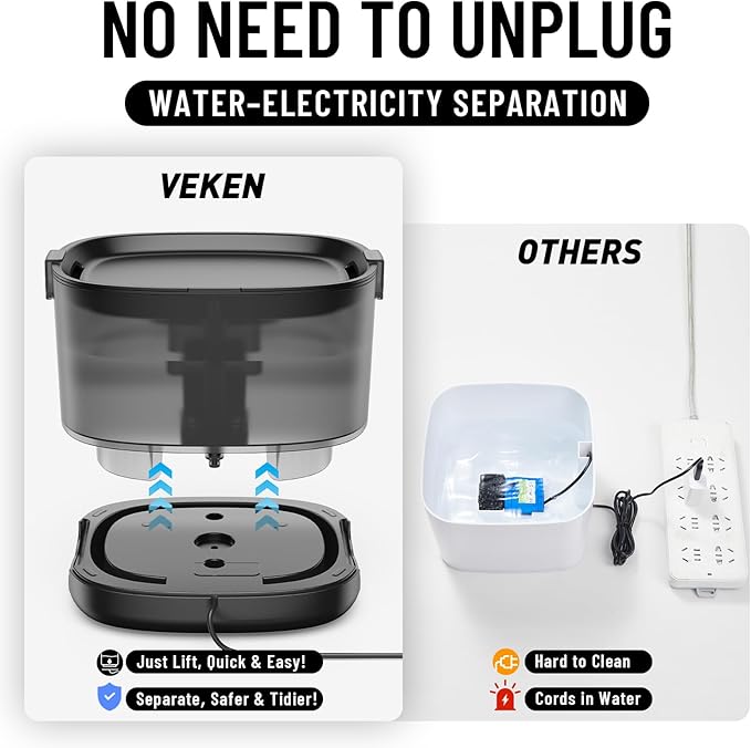 Veken Cat Water Fountain with Detachable Tank & Secure Clips, 6 Filters & Sponges, Easy to Clean & Assemble, 85oz/2.5L Quiet Pet Drinking Dispenser with LED Light for Cats, Dogs and Small Pets, Black