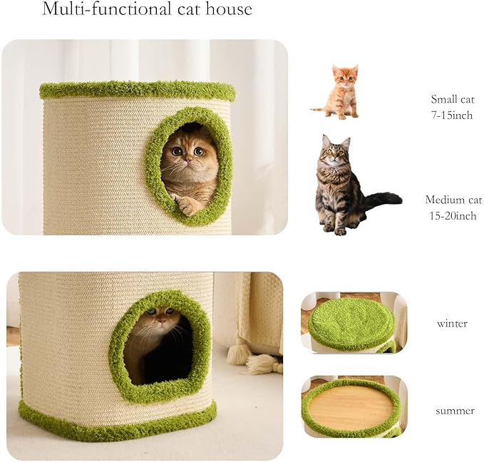 Cat House for Indoor Cats，Scratchable Sisal Material Cat Cave with 2 Hideaways & 3 Soft Pads-Sturdy &Space-Saving Cat Condo Furniture for Multiple Cats & Small Pets, Easy Assembly