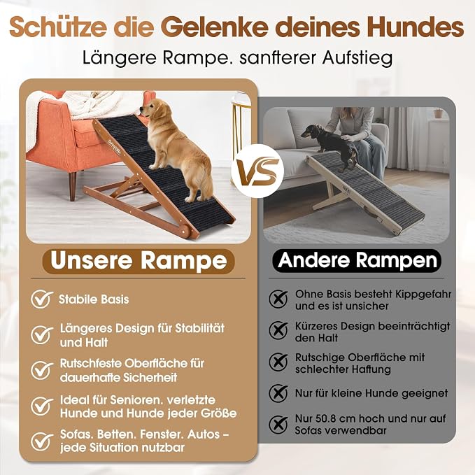 Dog Ramp for Bed - Foldable Small to Large Dog Ramp for Couch - 6 Adjustable Height from 12" to 24" - Stairs with High Traction Mat - Wooden Ramp for Dogs to Get on Bed Couch Car Up to 200LBS（Walnut）