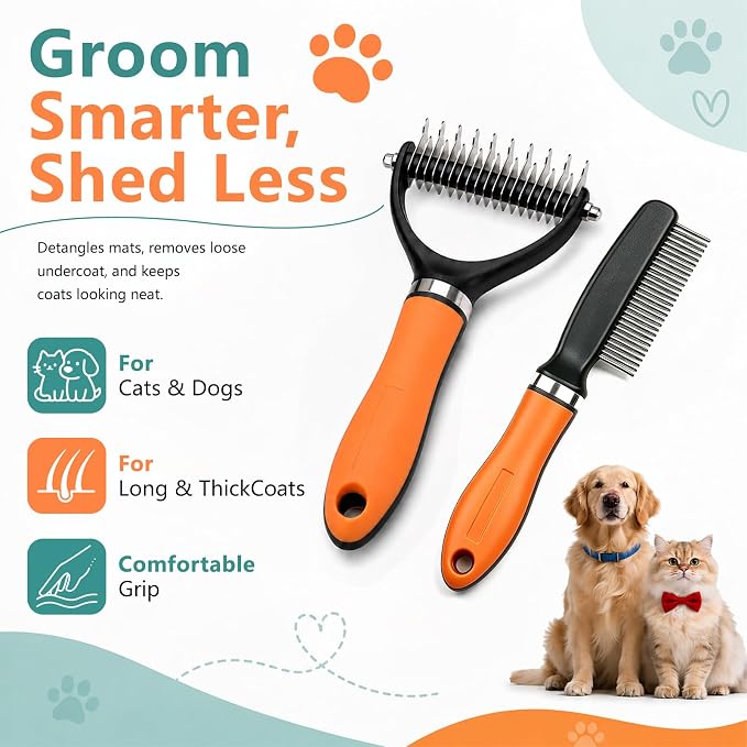 Dog Brush and Cat Deshedding Rake, Pet Grooming Tool for Shedding with Rounded Stainless Steel Teeth, Comfortable Grip for Long or Thick Coats (Orange with Comb)