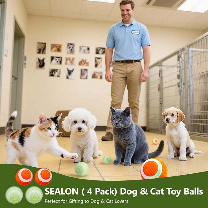 SEALON Electric Interactive Dog & Cat Toy Ball(4 Pack) Indoor Cat Play Ball, Suitable for Cats Over 6 Months for Exercise, Weight Loss, and Fun