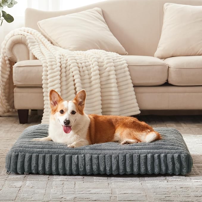 Dog Bed for Large Dogs, Orthopedic Dog Beds Washable with Removable Cover, Extra Thick Crate Bed Pet Mat with Shredded Chopped Foam & Anti-Slip Bottom, 35"x23"x4", Grey