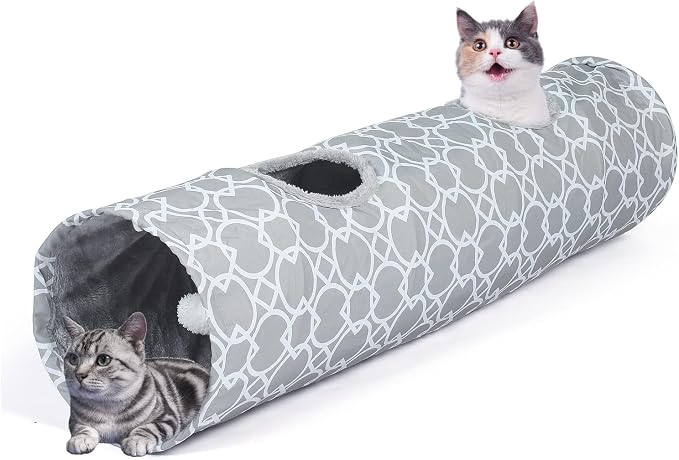 Geometric Straight Cat Tunnel with Plush Inside,Cats Toys Collapsible Tunnel Tube with Balls, for Rabbits, Kittens, Ferrets,Puppy,Diameter 11.8 Inch