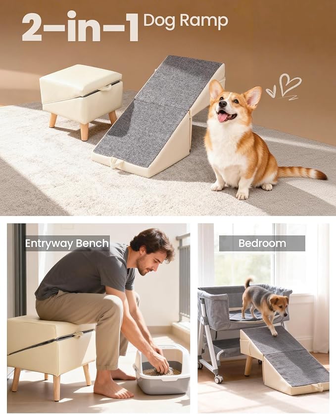 Dog Ramp for Couch & Bed, 2-in-1 Dog Stairs for Small and Medium Dogs & Cats, 16'' Indoor Pet Ramp with 23°Gentle Slope, Non-Slip Felt, Joint Protection for Senior & Injured Pets, Sturdy Ottoman-Style