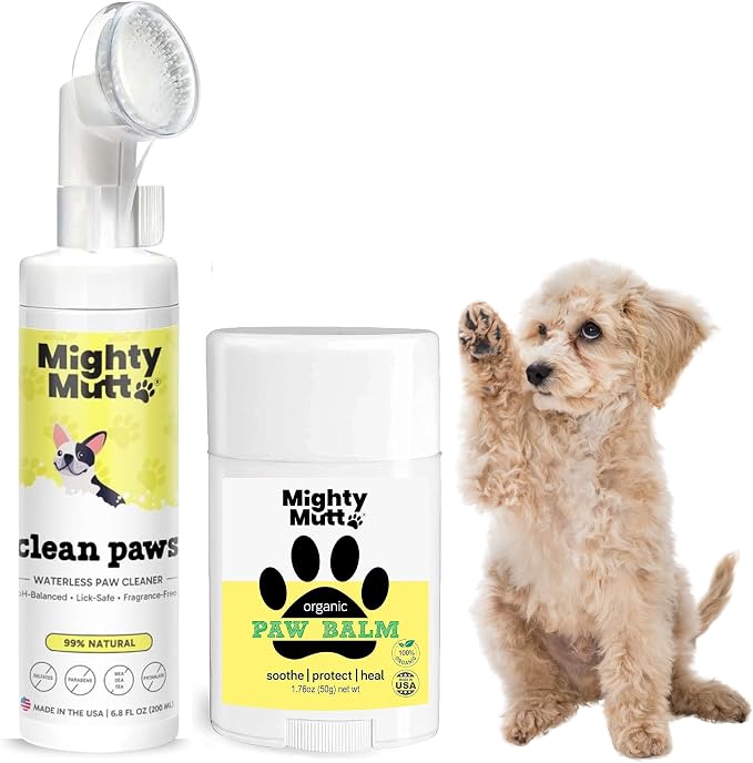 Mighty Mutt Waterless Dog Paw Cleaner + Organic Dog Paw Balm | No Rinse Foaming Cleaser with Brush | Fragrance Free | Moisturize & Sooth Dog Paw Pad