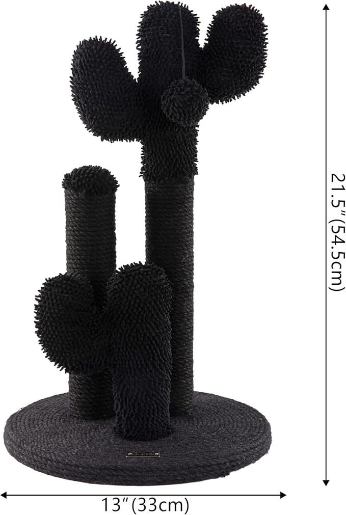 Marfa 21.5" Modern Triple Cactus Cat Scratching Post with Fuzzy Toy, Natural Jute Rope Scratcher with Weighted Non-Slip Base, Black CTR1008B