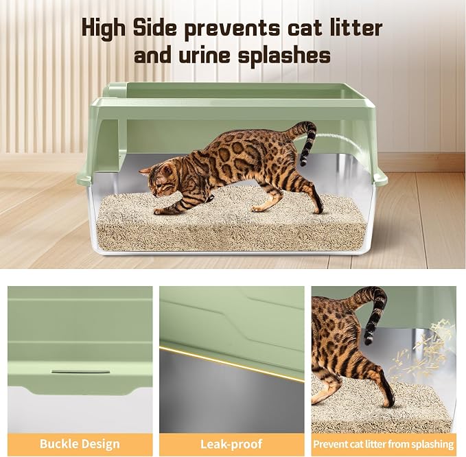 Extra Large Stainless Steel Litter Box, XXXL 27.6" H x 19.7" W x 11.8" H Metal High Sided Cat Litter Box with Scoop, Leak-Proof, Easy Clean for Big Cats/Multiple Cats (Green)