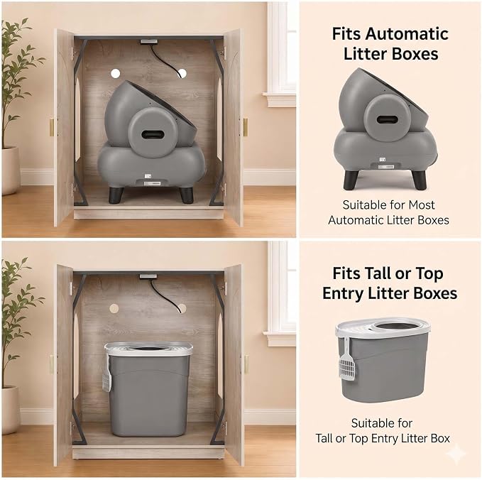 unipaws Extra Large Cat Litter Box Enclosure for Self-Cleaning & Automatic Litter Boxes, Tall Cabinet with Charging Station, Wooden Dog Proof Hidden Cat House for Top Entry Litter Box