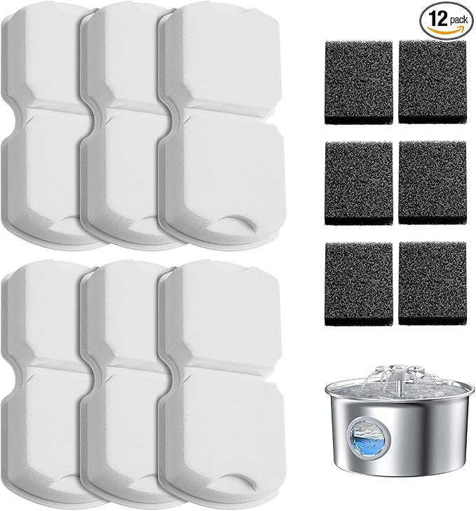 IHOUONE Official Cat Fountain Filter: 6 Carbon Filters & 6 Foam Filters | 12pcs Cat Water Fountain Filter Replacement - Suitable for IHOUONE Stainless Steel pet Fountains
