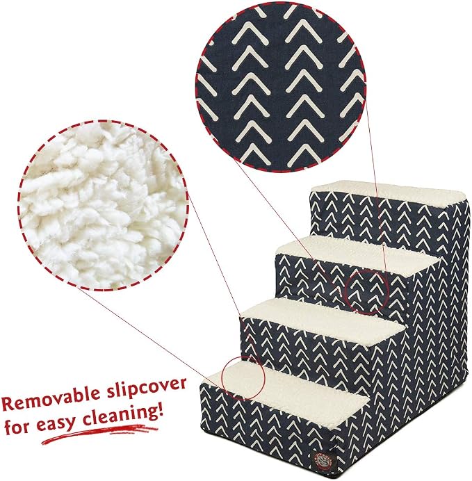 Majestic Pet 4 Step Portable Dog Stairs for Small Dogs to get on Bed Supports 25 lbs or Less – Dog Steps for High Bed with Machine Washable Cover – Pet Stairs for Cats Boho Arrow Navy Blue