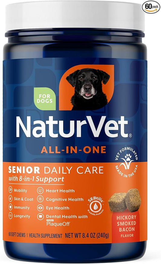 NaturVet All-in-One Senior Dog Daily Care Supplement, 8-in-1 Support Dog Soft Chews for Mobility, Skin, Heart, Teeth, Cognition, Eyes, Hickory Smoked Bacon Flavored Pet Supplement for Dogs, 60 Count