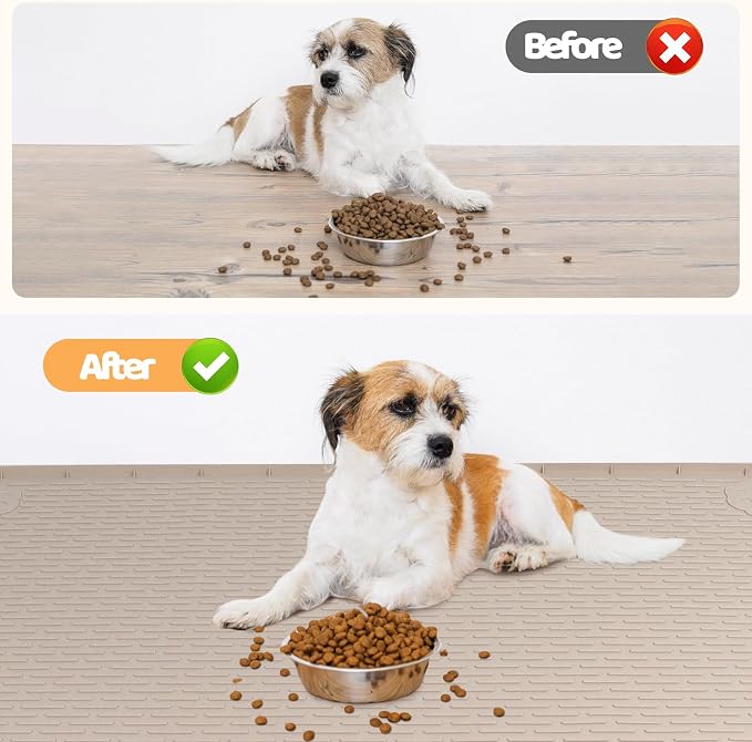 Dog Food Mat, Extra Large 70" x 45" Silicone Pet Feeding Mat with Raised Edge Pet Placemat for Small, Medium, and Large Pets Non-Slip, Easy to Clean (Khaki)