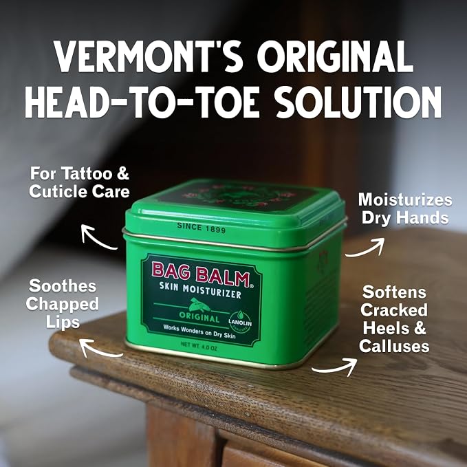 Bag Balm Vermont's Original Skin Moisturizer - Full Body Hydrating Skin Care: Dry Hands, Lips, Face, Feet & More - Unscented, Cruelty & Paraben Free - Day & Night, Men & Women (4oz Tin, Made in USA) | camping-soaps-and-shampoos