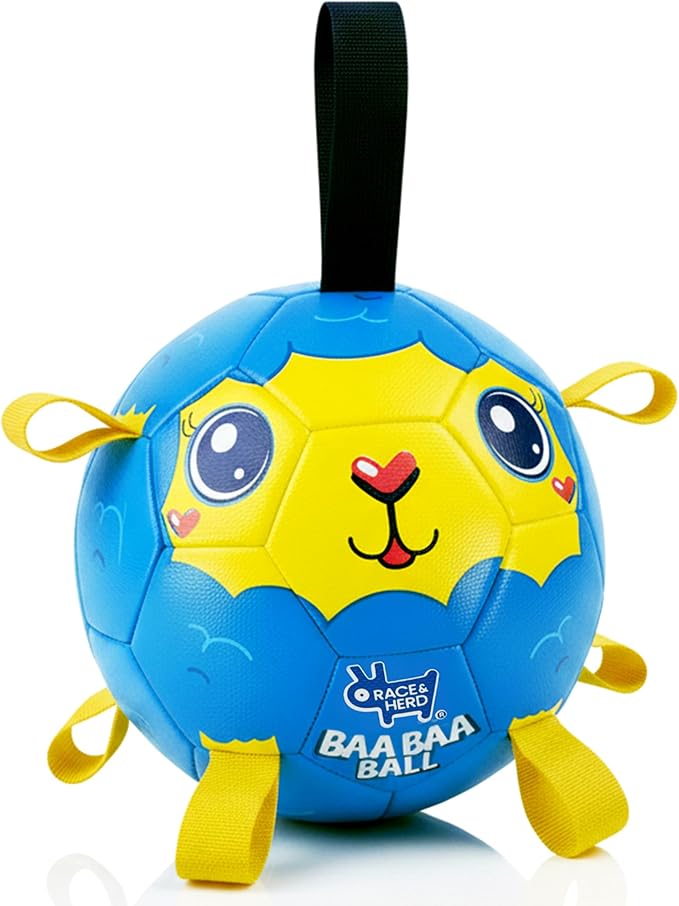 Race&Herd 8" Jolly Soccer Ball for Dogs - Tough Durable Dog Ball Toy with Straps, Pet Bouncy Herding Ball, Floating Dog Ball with Tags for Water Fetch, BaaBaaBall (Ocean)